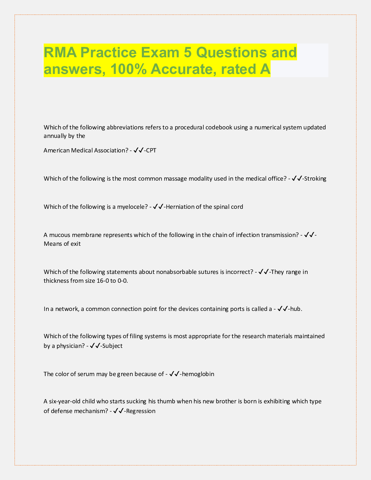 Preview image for RMA Practice Exam 5 Questions and  answers, 100% Accurate, rated A